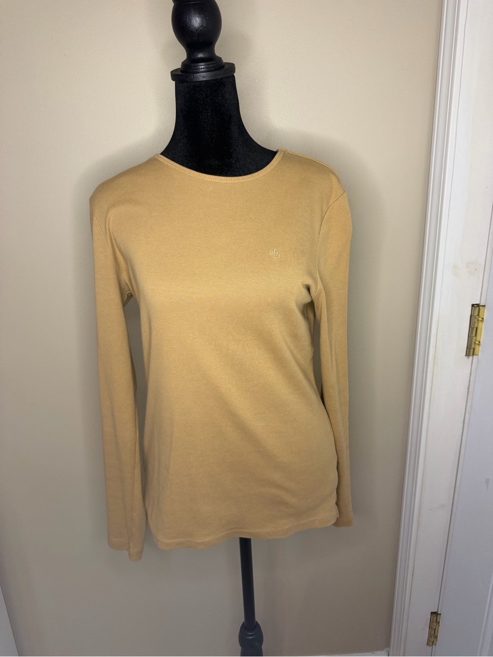 Lauren Ralph Lauren Tan Camel Knit Long Sleeve Shirt Size M Embroidered Monogram